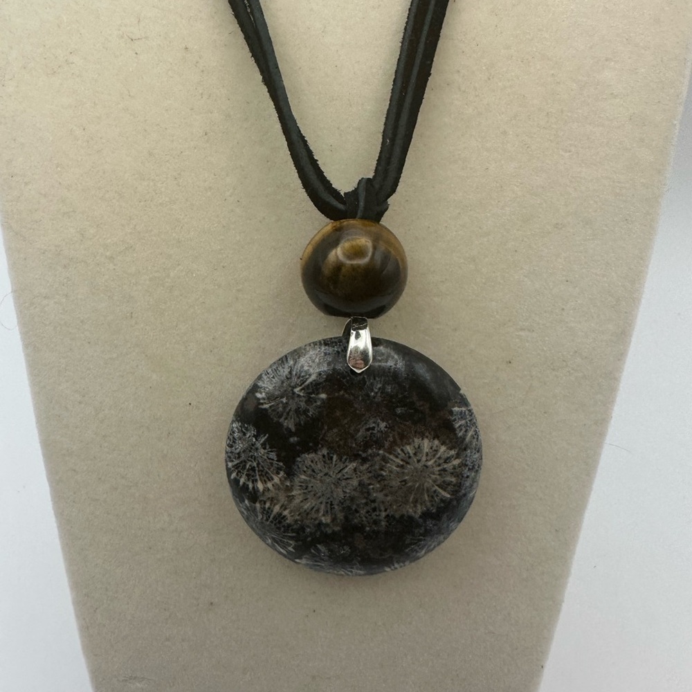 Round Black Coral Fossil Jade Pendant Necklace
